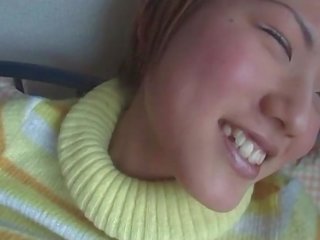 Little jap lover squeezing her tits while getting cunt finger fucked